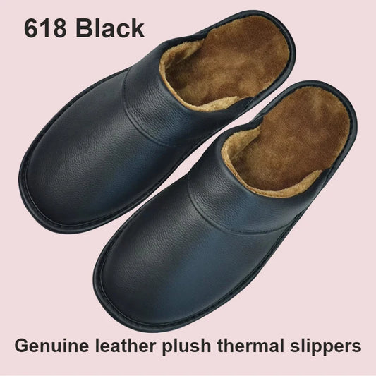 Lovefanmini Genuine Cow Leather Slippers With Plush Lining Non Slip