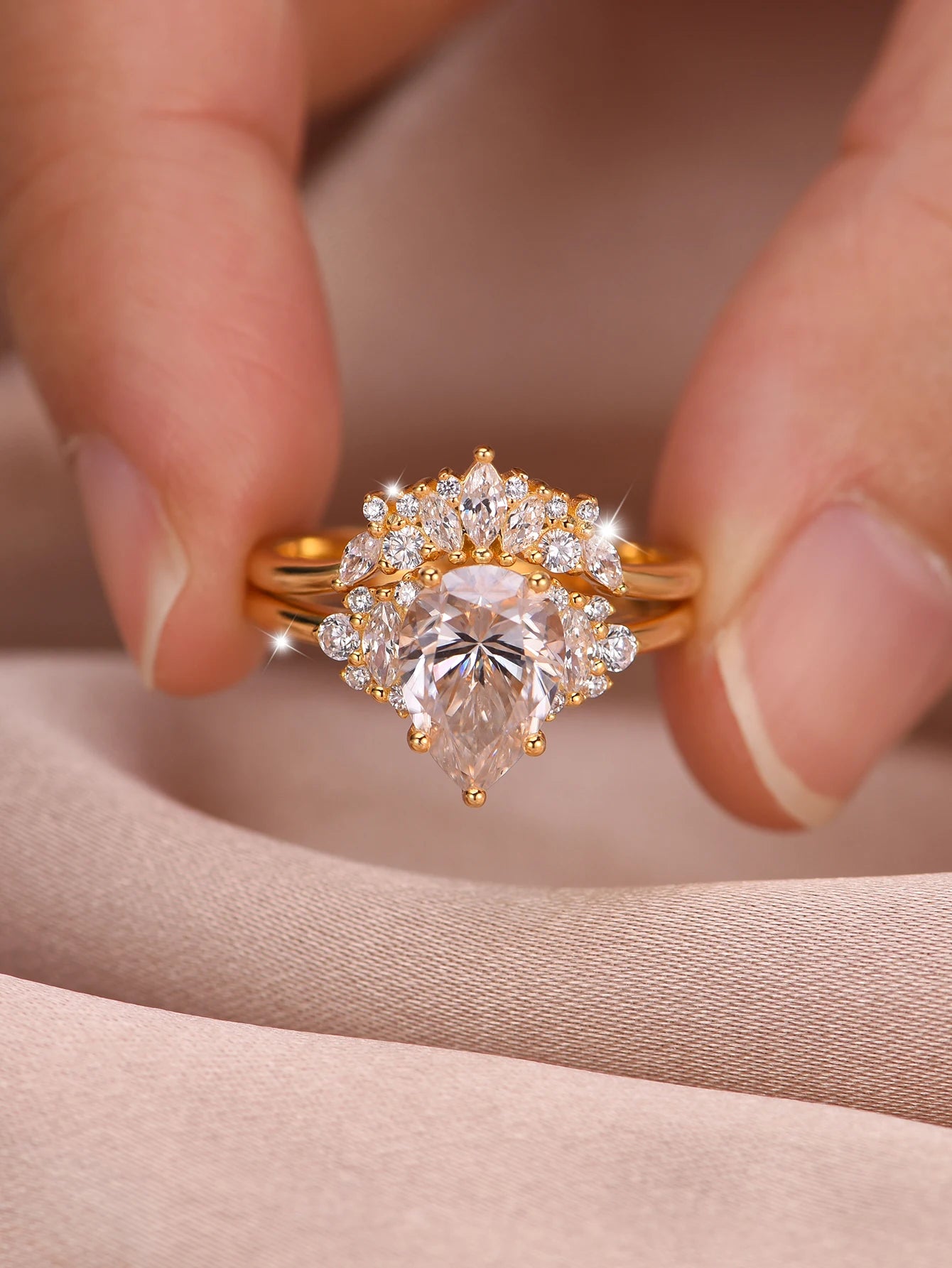 S925 Sterling Silver Moissanite Ring Set 2Ct 18K Gold Plated