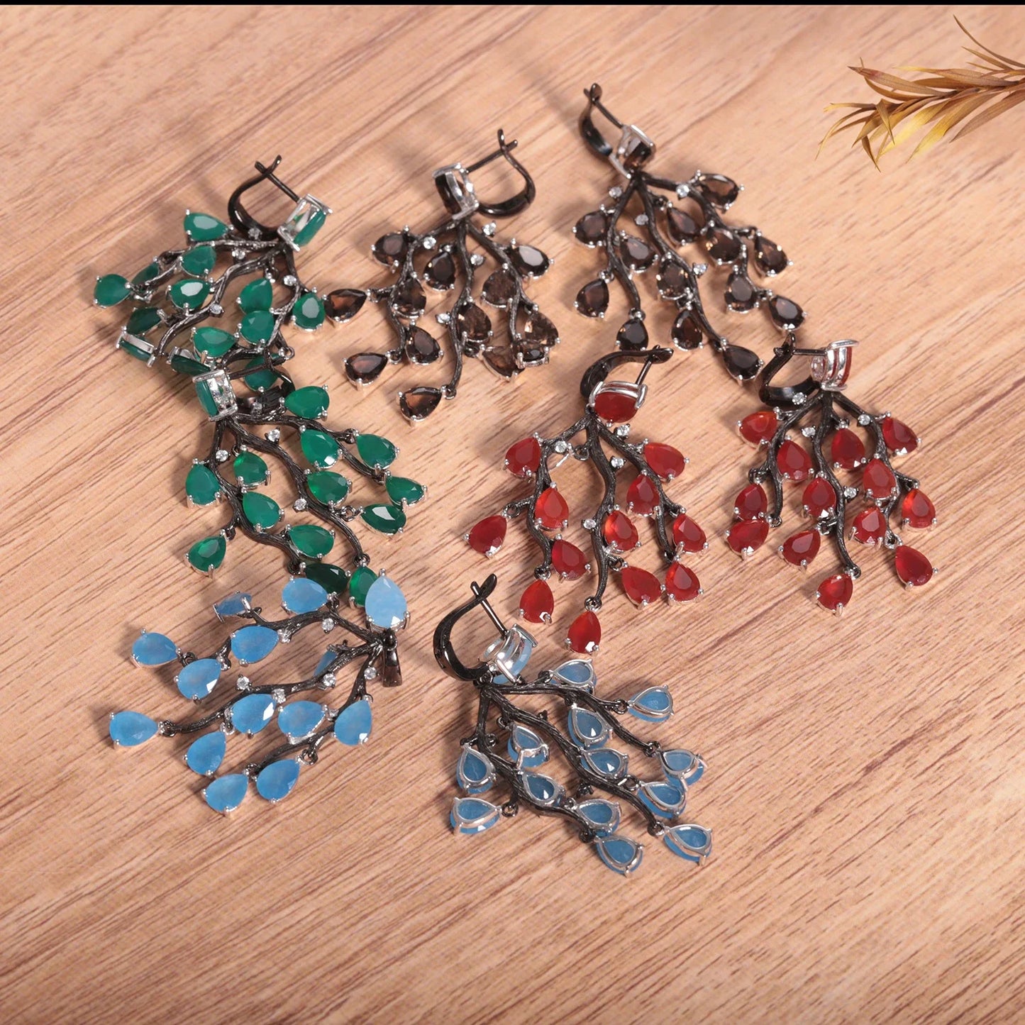 Earrings 925 Sterling Silver Pine Branch Agate Drop