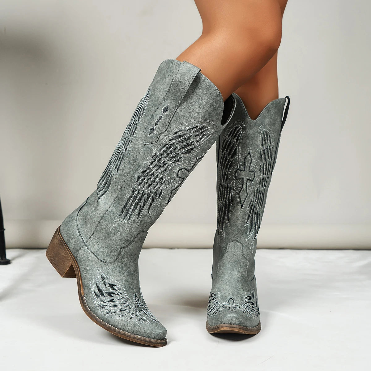 Women's Embroidered Western Cowboy Boots Angel Wings Design