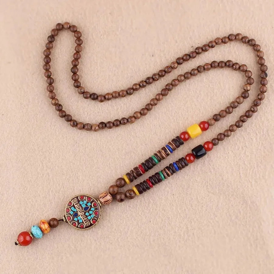 Vintage Nepal Buddhist Mala Necklace With Wood Beads Pendant Ethnic Jewelry