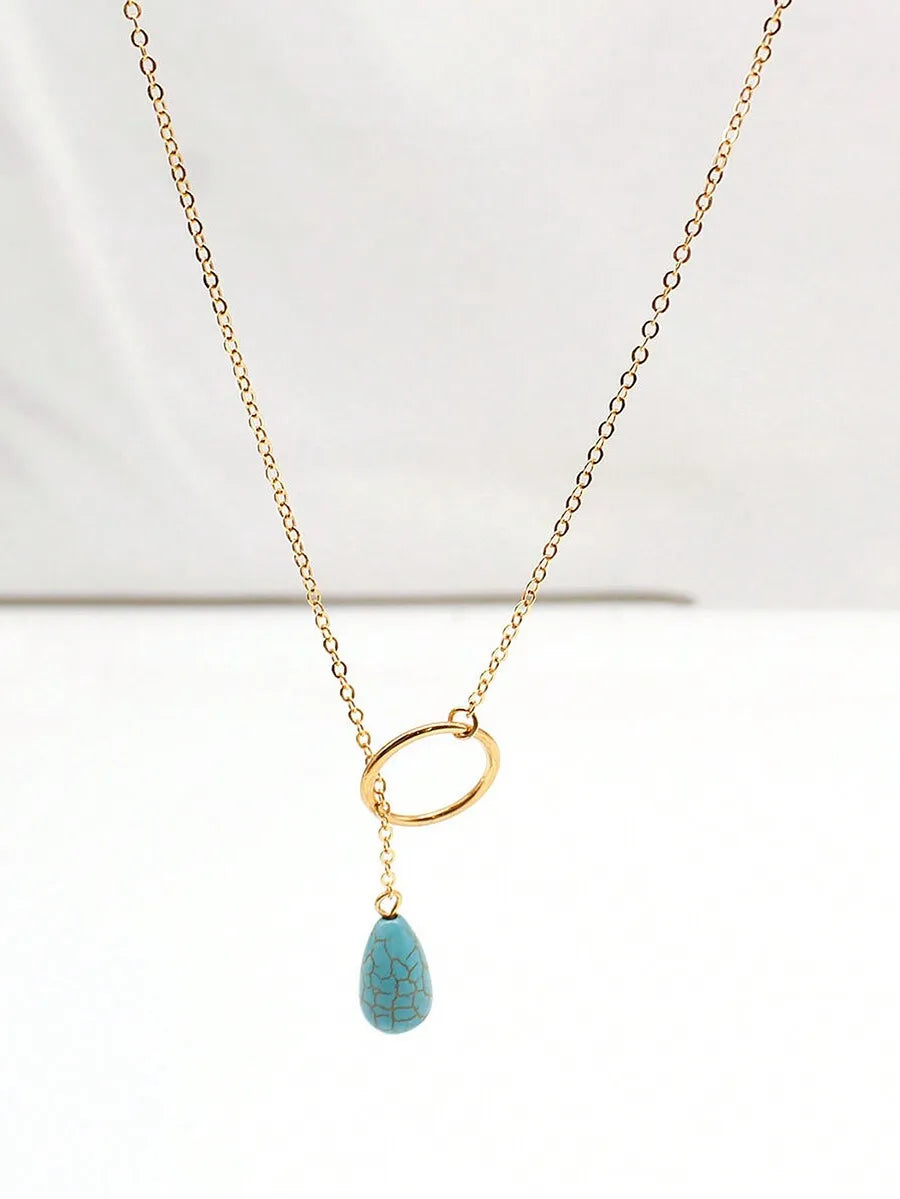 Turquoise Teardrop Pendant Necklace  Minimalist Alloy Chain
