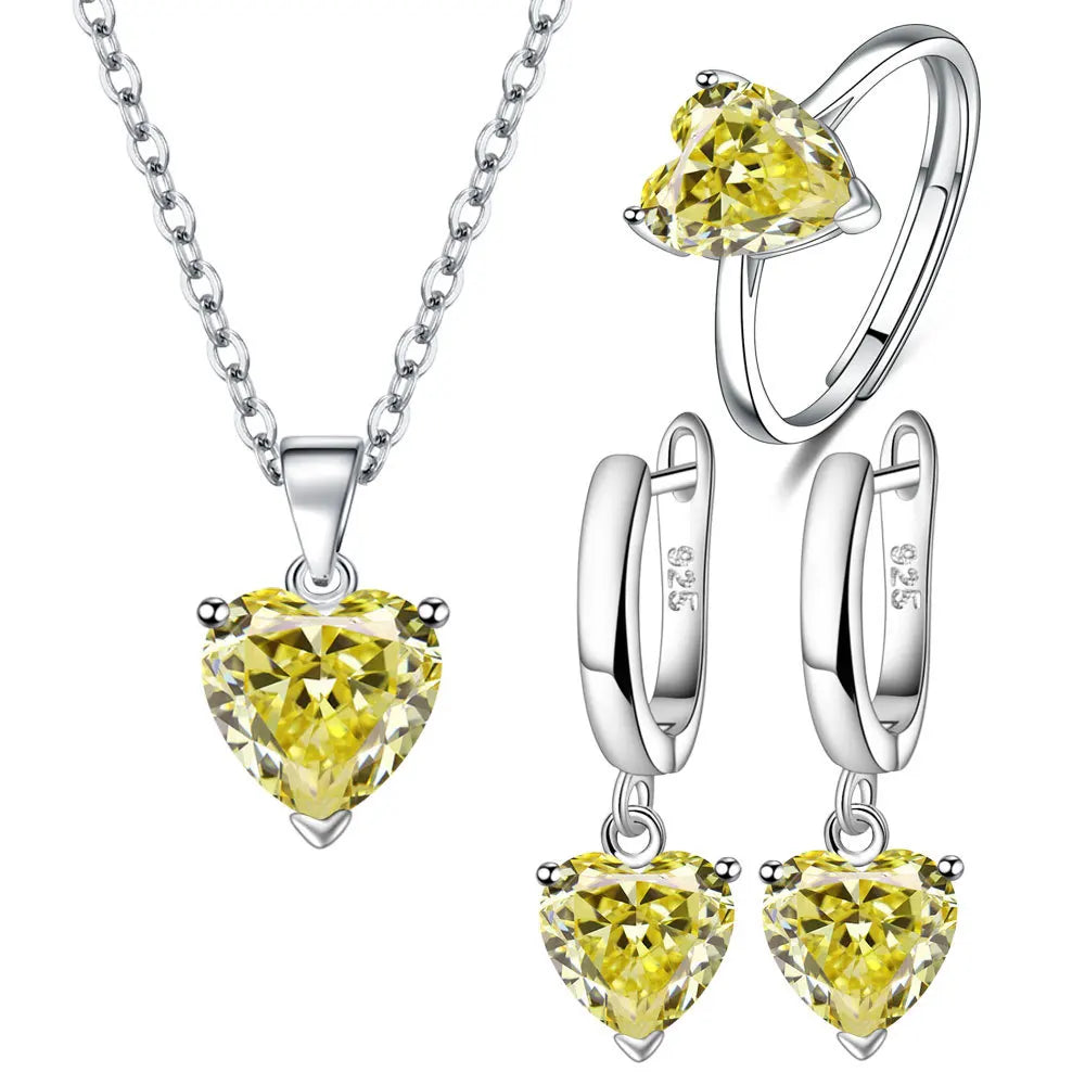 925 Sterling Silver Heart Zircon Jewelry Set For Women Necklace Earrings Ring