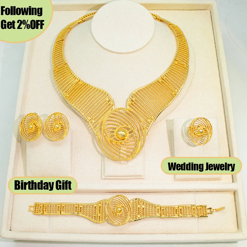 Jewelry Set 4 Piece 18K Gold Plated Design Necklace Bracelet Earrings Ring
