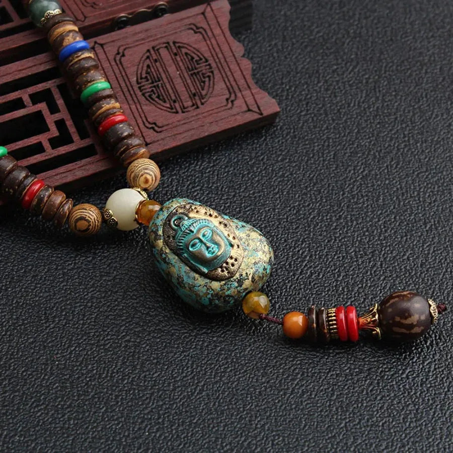 Vintage Nepal Buddhist Mala Necklace With Wood Beads Pendant Ethnic Jewelry