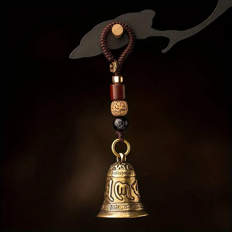 Vintage Brass Tibetan Six Word Mantra Bell Keychain