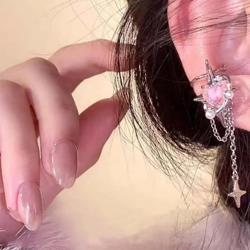 Earring Clip Crystal Heart Tassel Ear Cuff