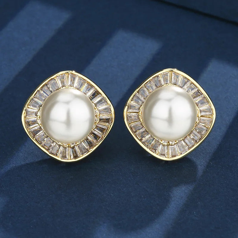 Earrings Ring Necklace Gold Plated White Pearl Square