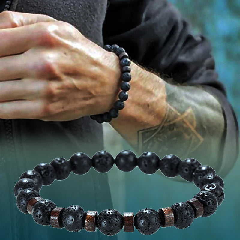 Volcanic Stone Lava Wood Beaded Bracelet Tibetan Buddhist Unisex Gift