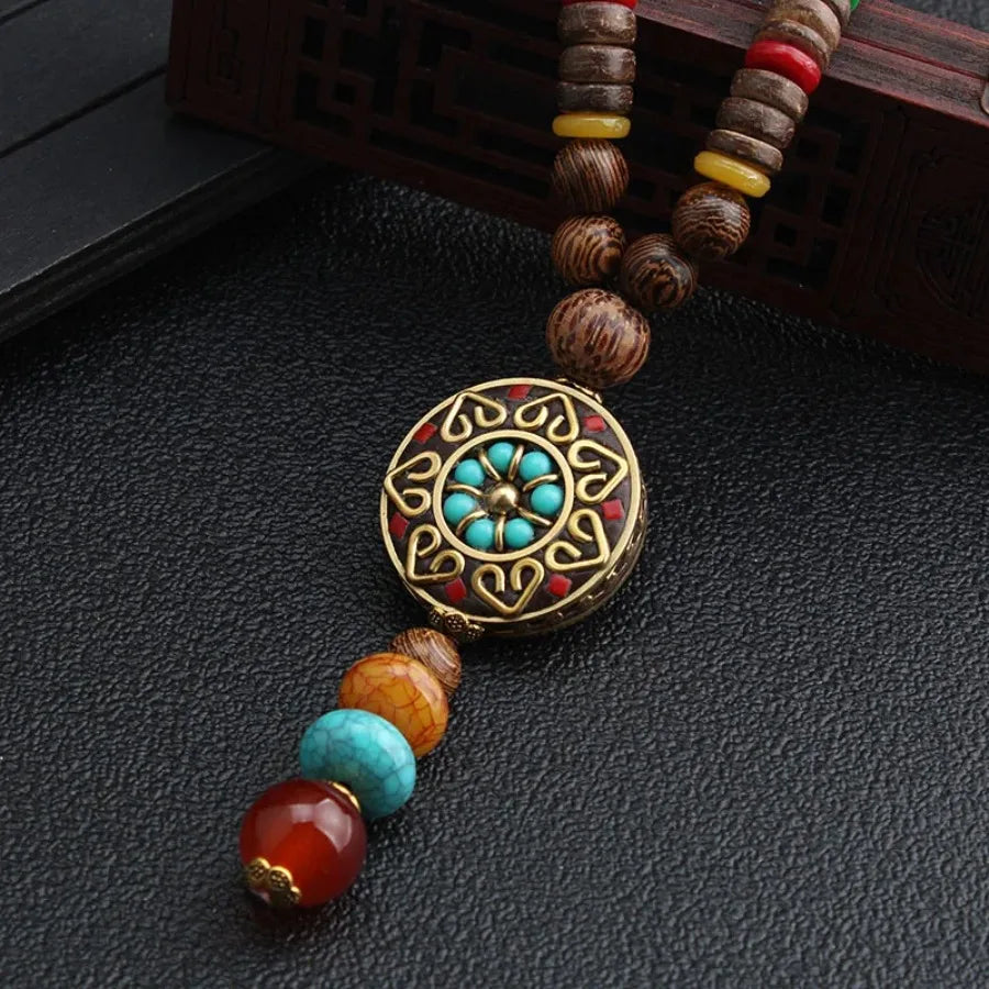 Vintage Nepal Buddhist Mala Necklace With Wood Beads Pendant Ethnic Jewelry