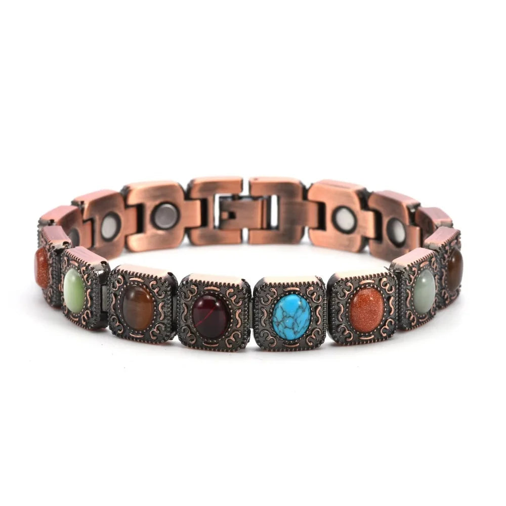 Copper Magnetic Bracelet With Turquoise Stones Unisex Adjustable