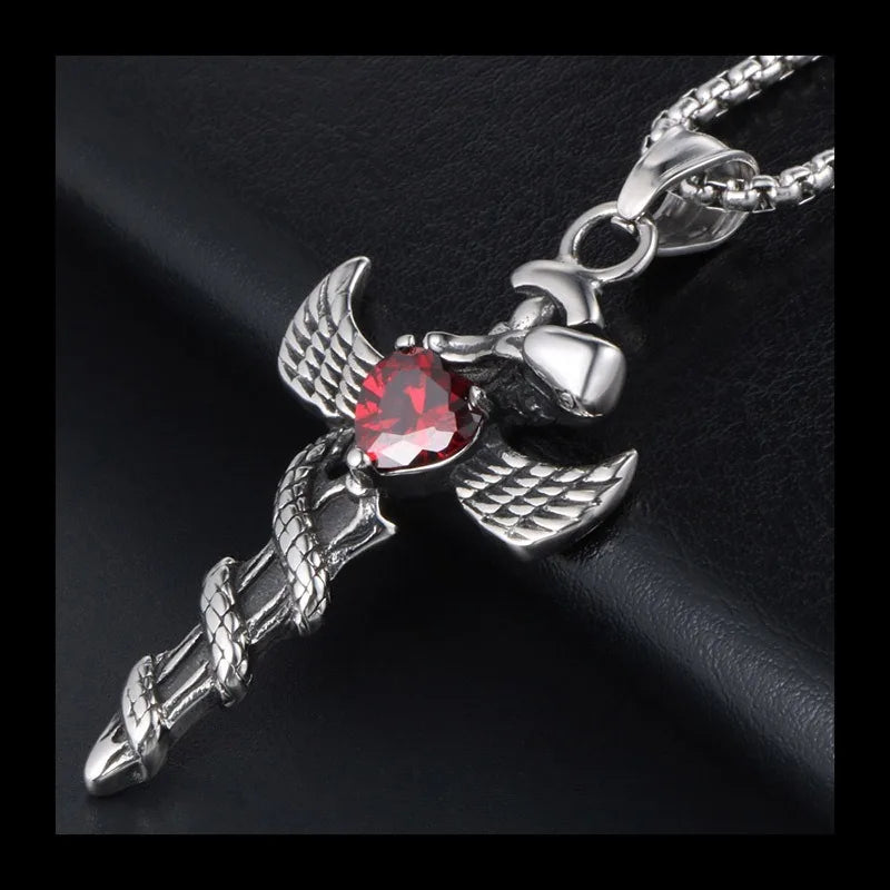 Angel Sword Necklace Pendant Titanium Steel With Red Opal