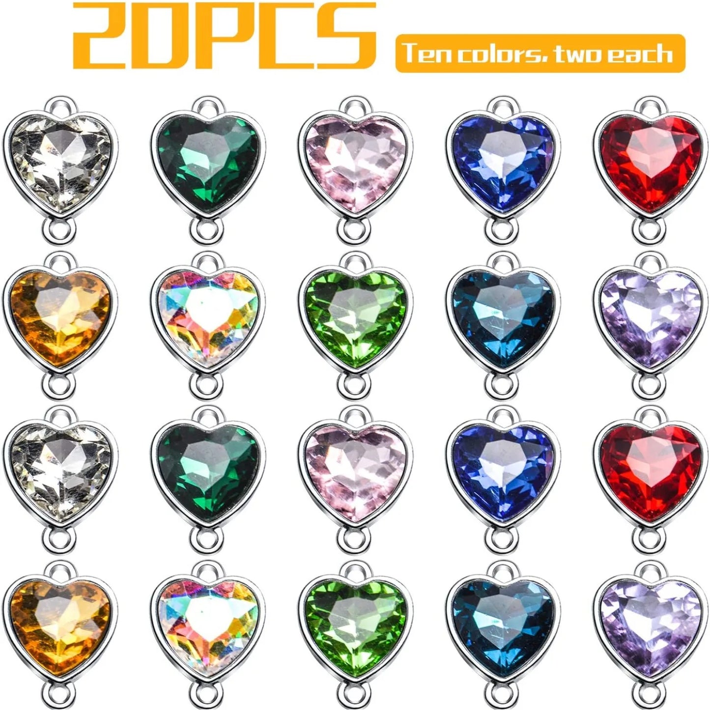 Heart Crystal Birthstone Charms With Double Loop Bail Connectors