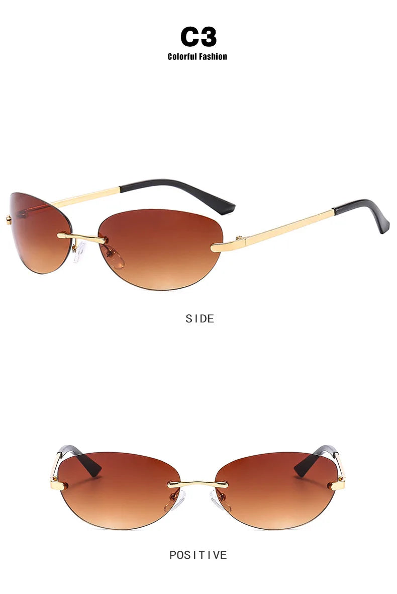 Rimless Women Sunglasses Oval Wrap Around Gradient Lenses