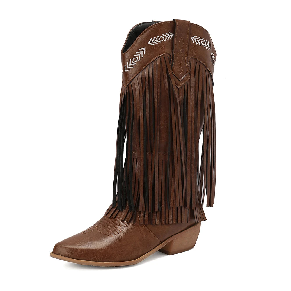Boots Women Western Embroidery Tassel Chunky Heels
