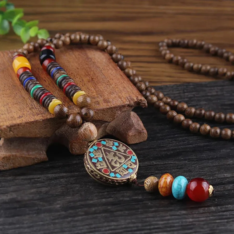 Vintage Nepal Buddhist Mala Necklace With Wood Beads Pendant Ethnic Jewelry