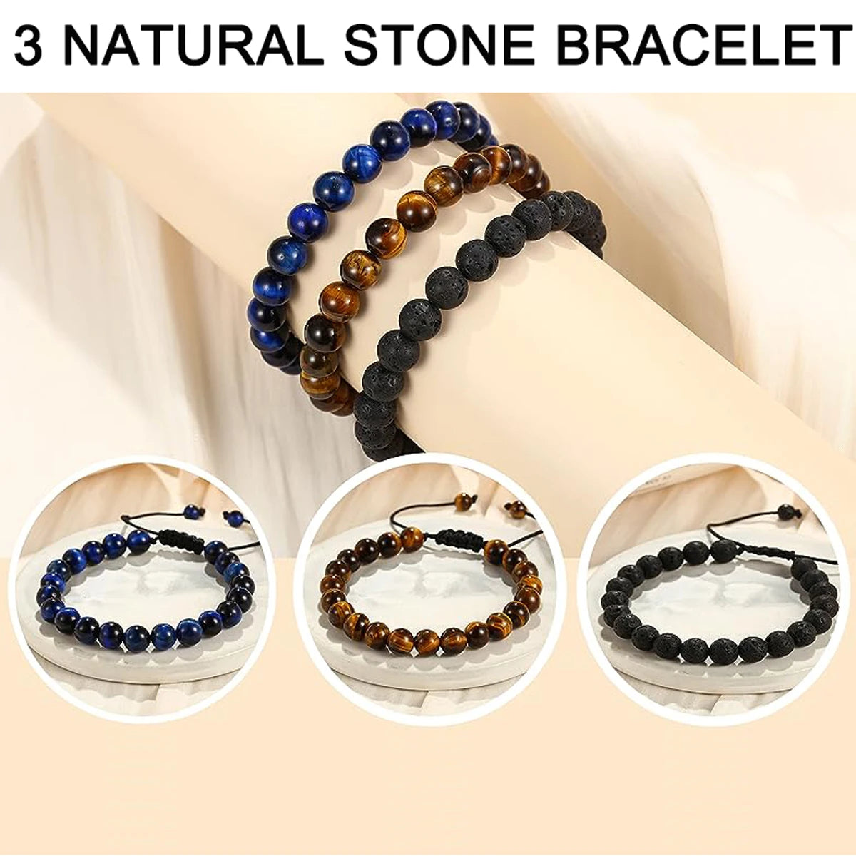 Bracelet Natural Tiger Eye Lava Rock Handmade
