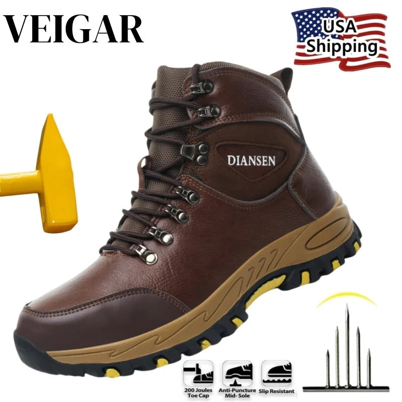 Waterproof Leather Work Boots Men Indestructible Safety Shoes