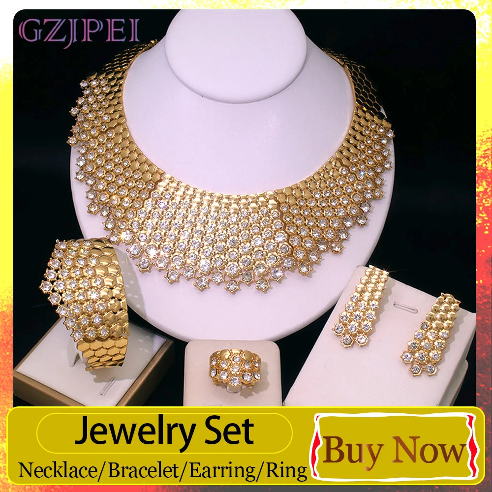 GZJPEI 4 Piece Jewelry Set Necklace Bracelet Earrings Ring Zircon