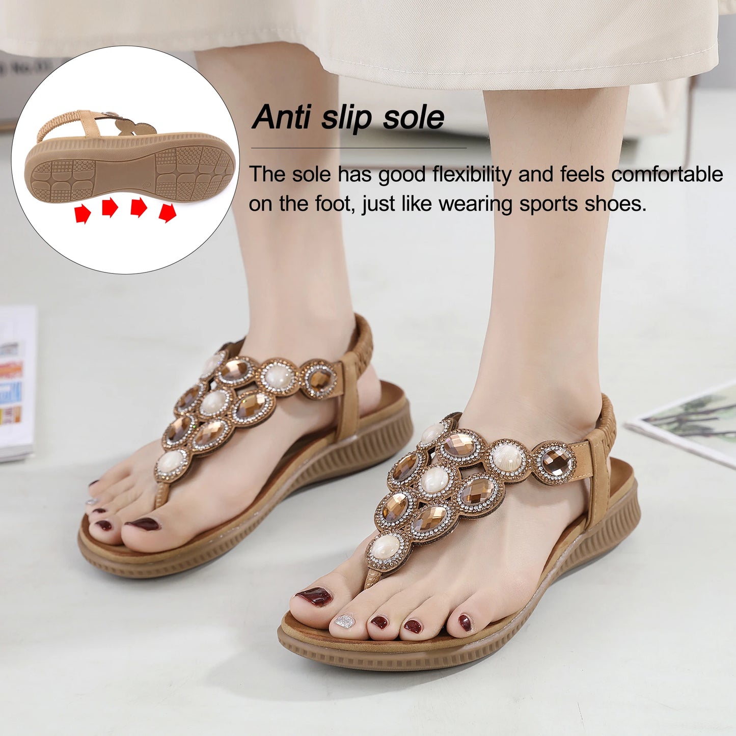 Women Flat Sandals Bohemian Rhinestone