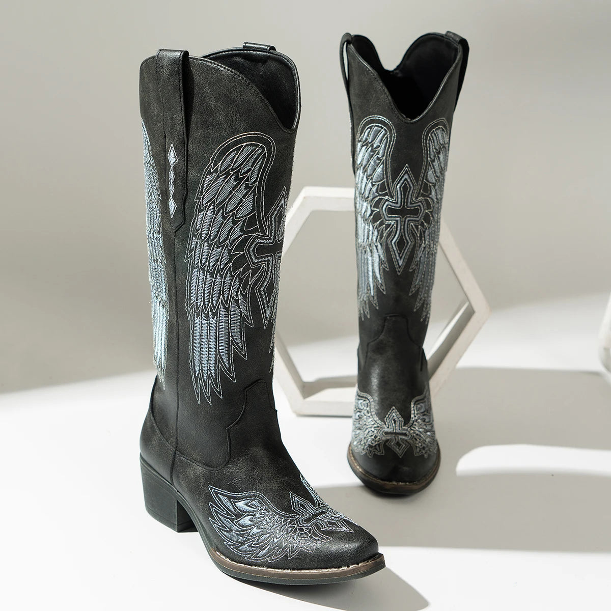 Women's Embroidered Western Cowboy Boots Angel Wings Design