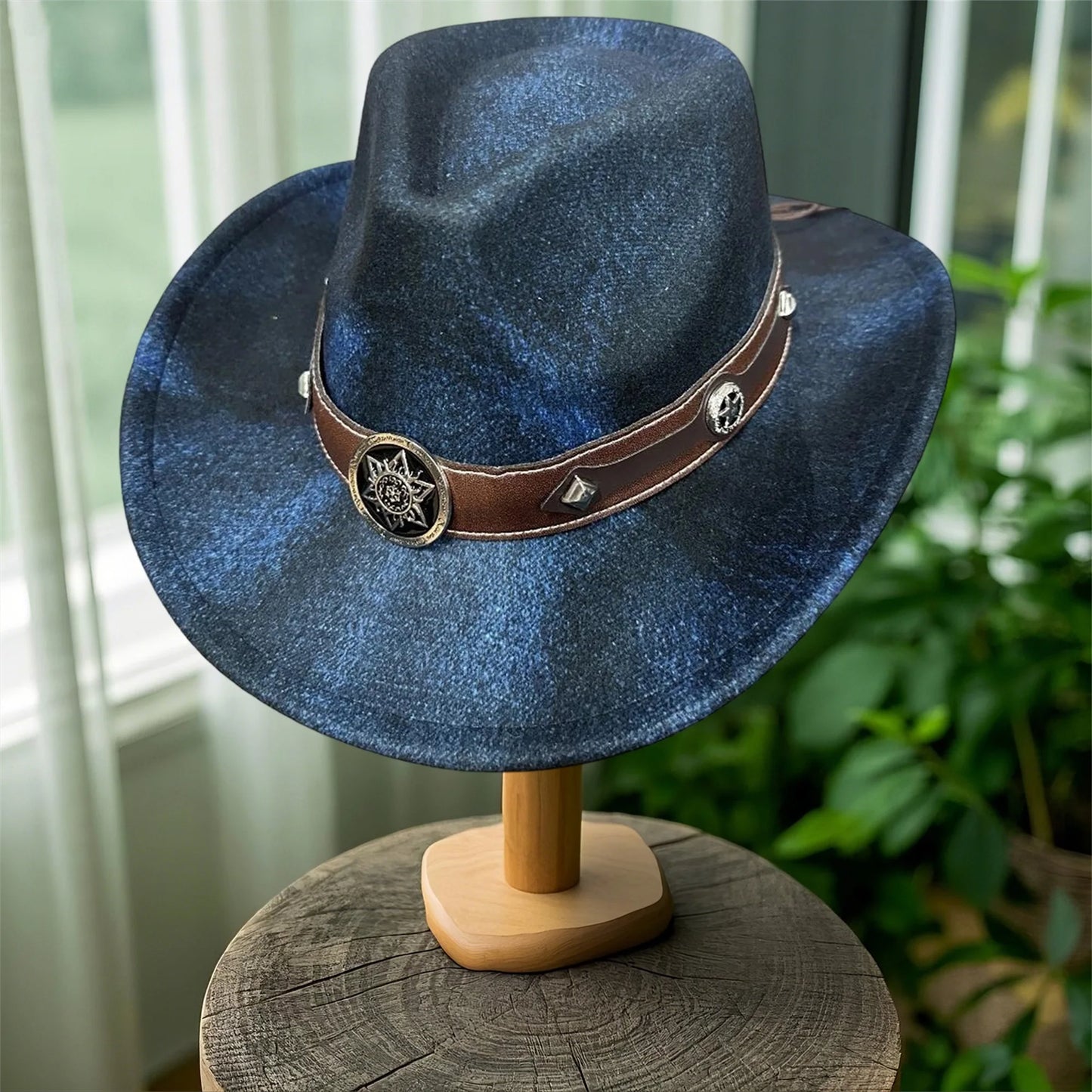 Denim Cowboy Hat With Wide Brim And Badge Belt