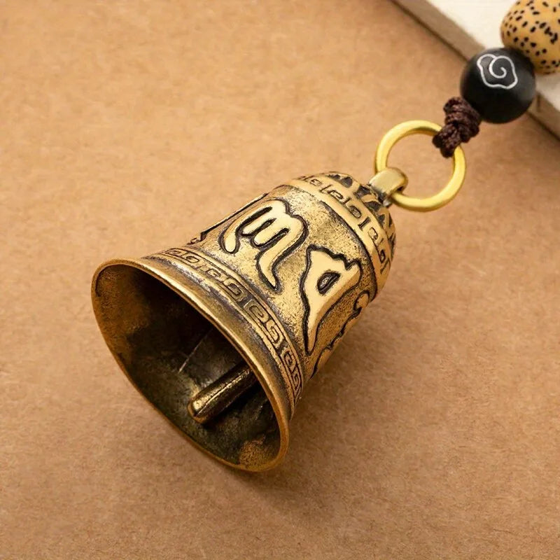 Vintage Brass Tibetan Six Word Mantra Bell Keychain