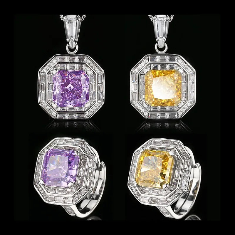Necklace Ring Set Diamond Ice Flower Cut Square