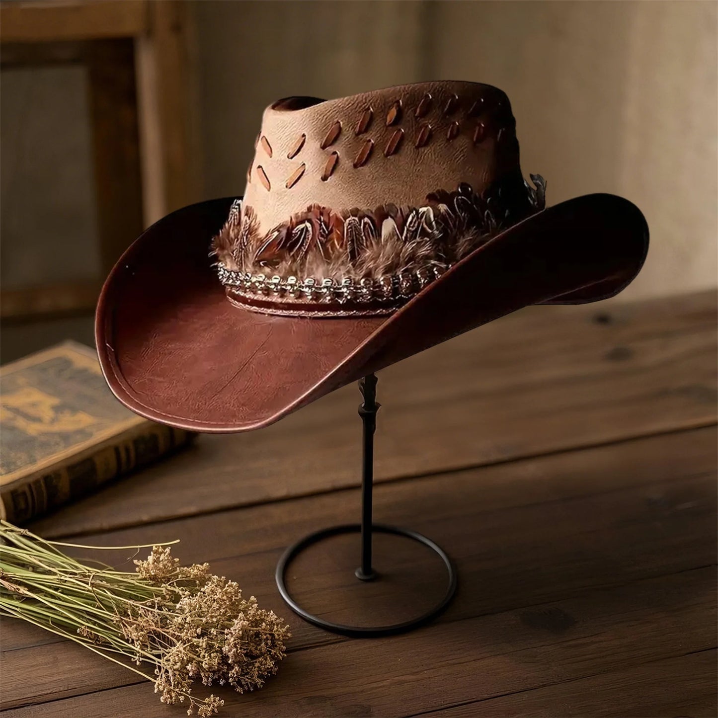 Men's Western Hat With Decorative Feathers And Wide Brim