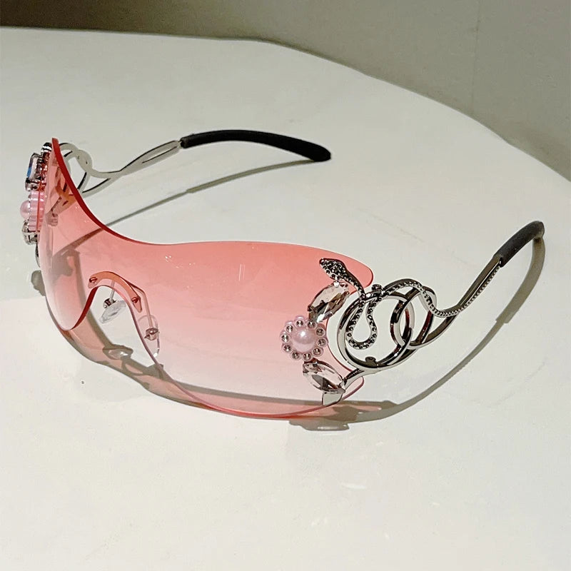 Rimless Sunglasses With Rhinestones Monoblock Gradient Lenses