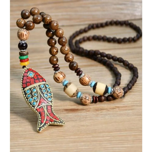 Vintage Necklace Turquoise Wood Beads Necklace Jewelry