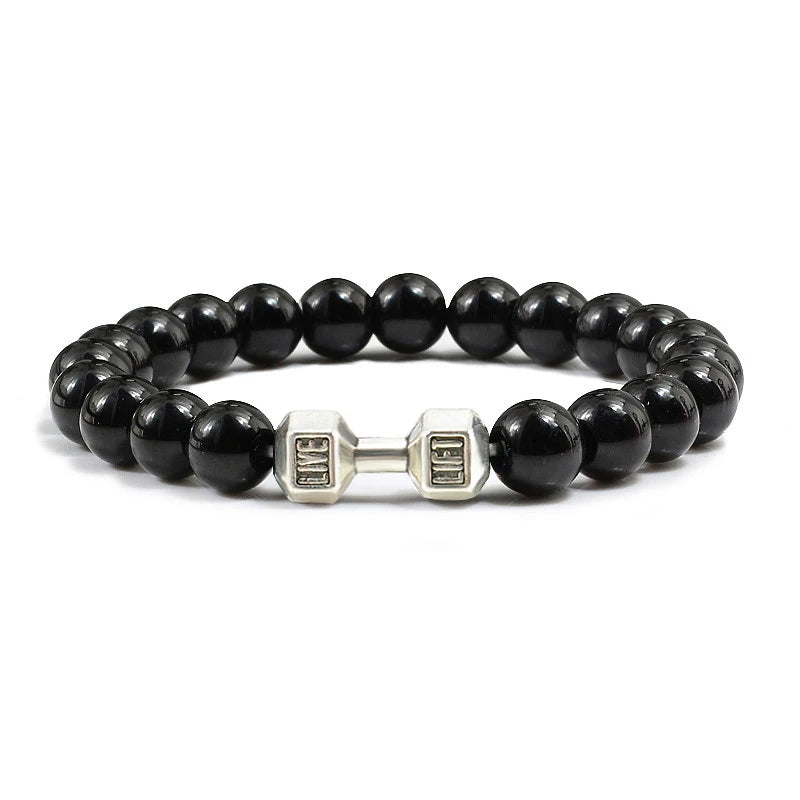 Bracelet Natural Volcanic Stone Matte Black Lave White Beads