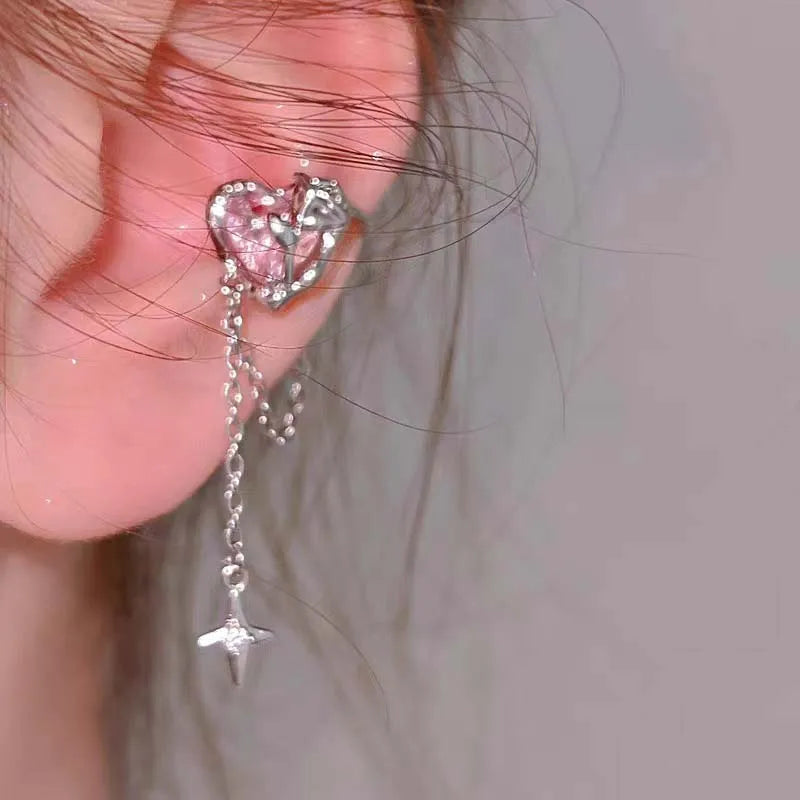 Earring Clip Crystal Heart Tassel Ear Cuff