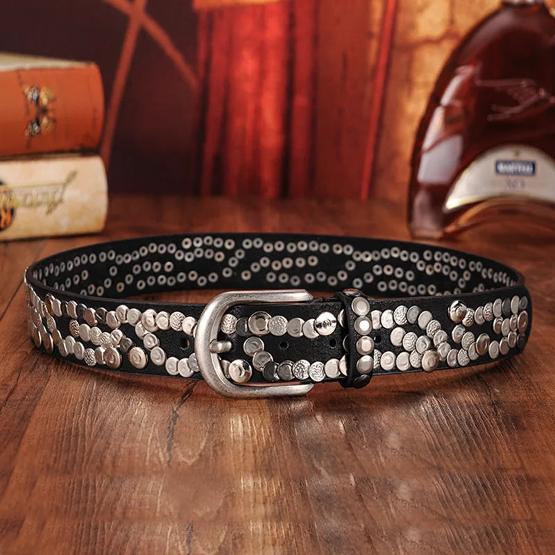 Leather Belt With Buckle Geometric Rivets Bokadiao