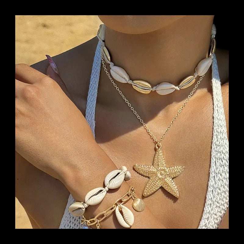Necklace & Bracelet Shell Braided Rope Set