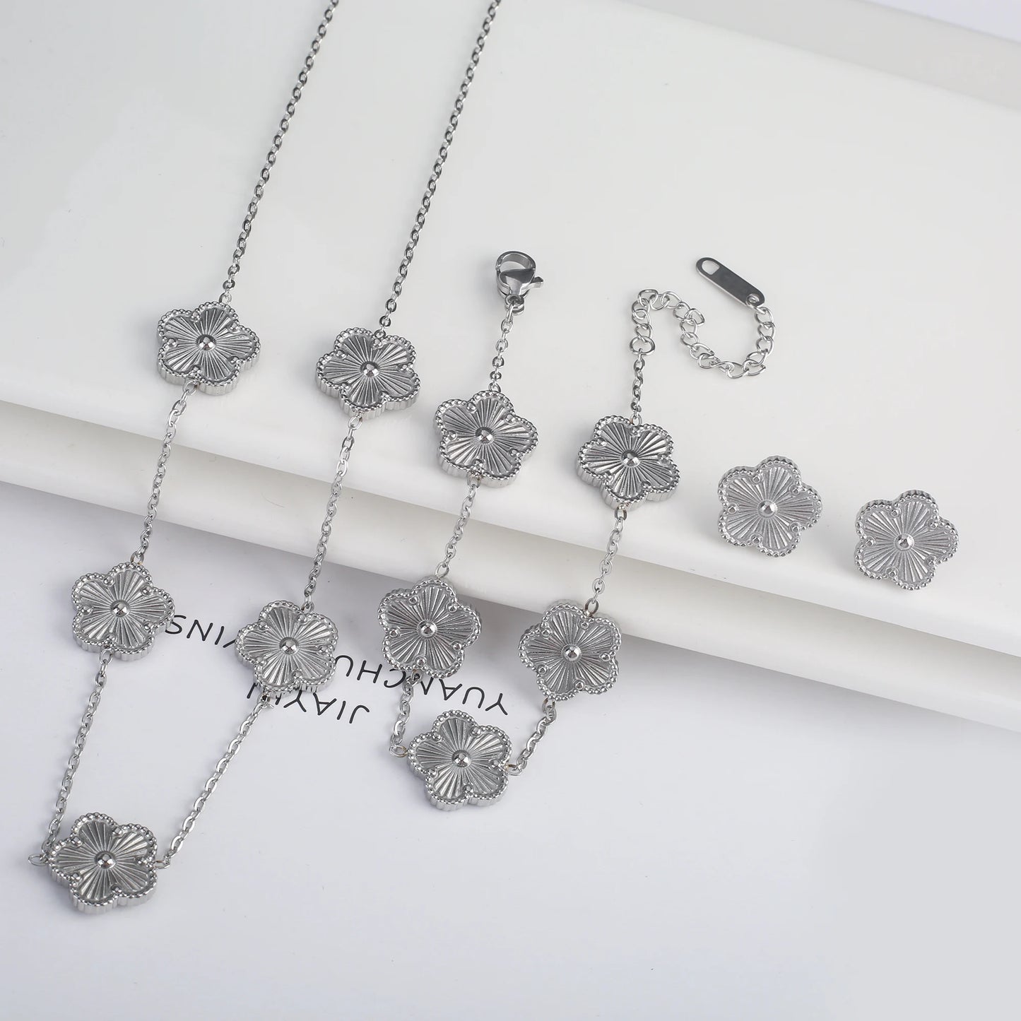 Stainless Steel Flower Clover Jewelry Set Necklace Bracelet Earrings