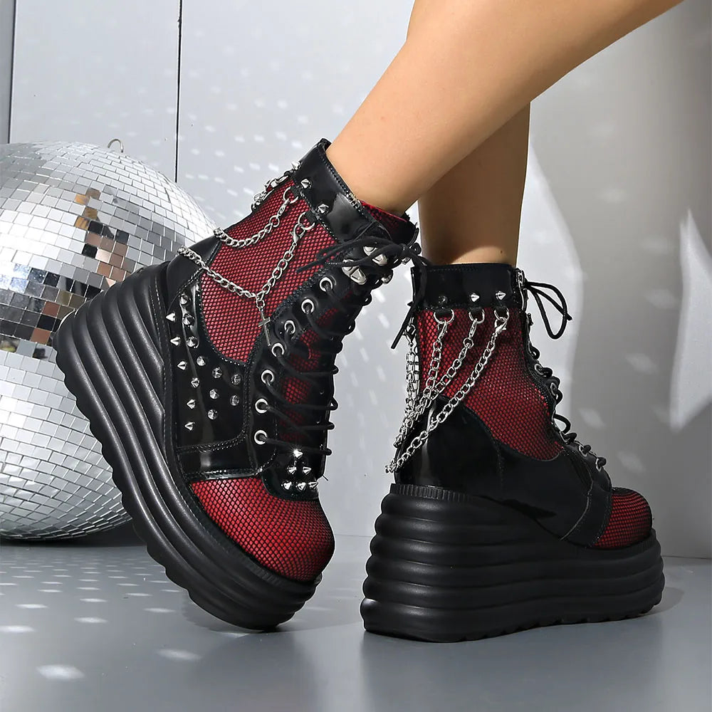 Women Boots Wedges With Chain Rivet Decor