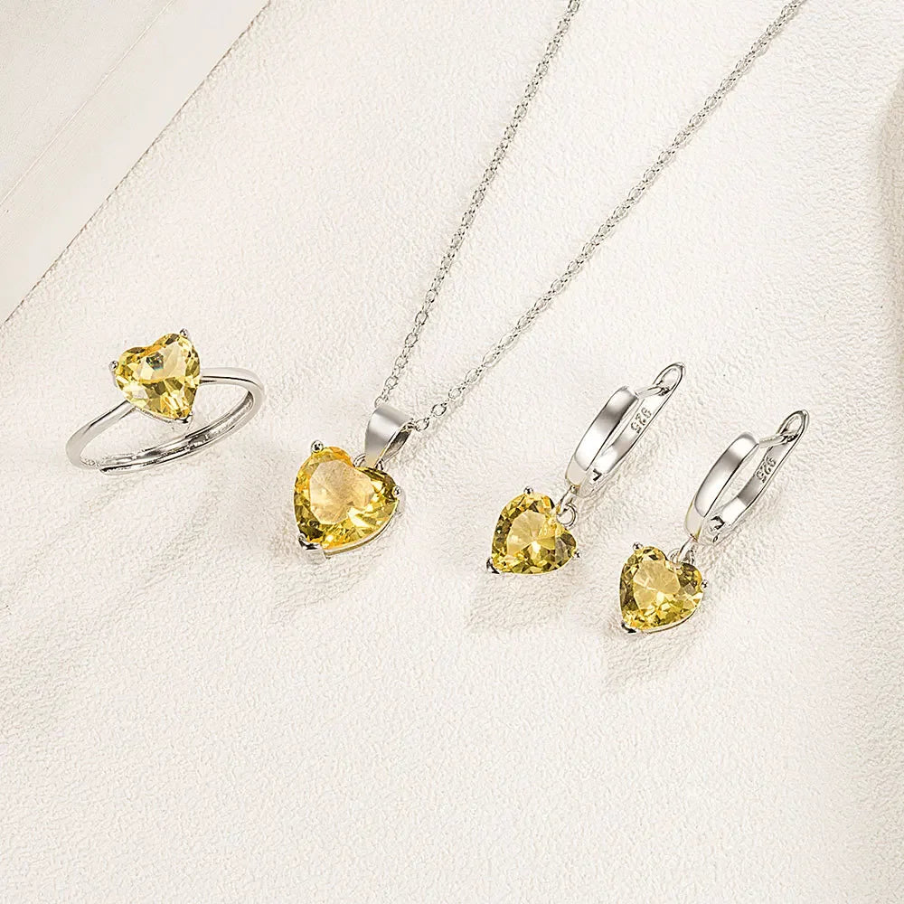 925 Sterling Silver Heart Zircon Jewelry Set For Women Necklace Earrings Ring