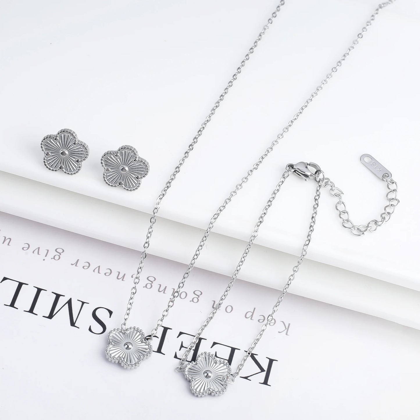 Stainless Steel Flower Clover Jewelry Set Necklace Bracelet Earrings