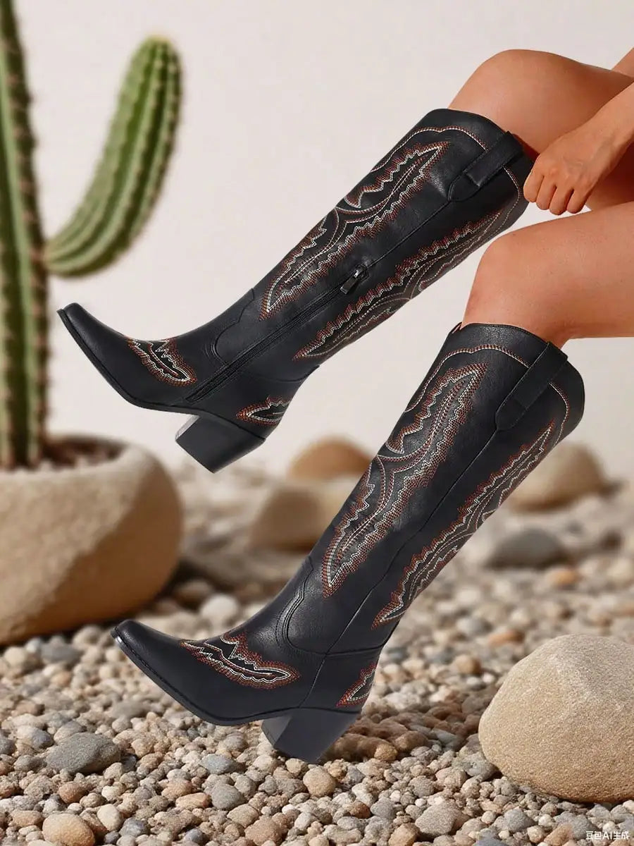 Boots For Women Point Toe Chunky Heels Knee High
