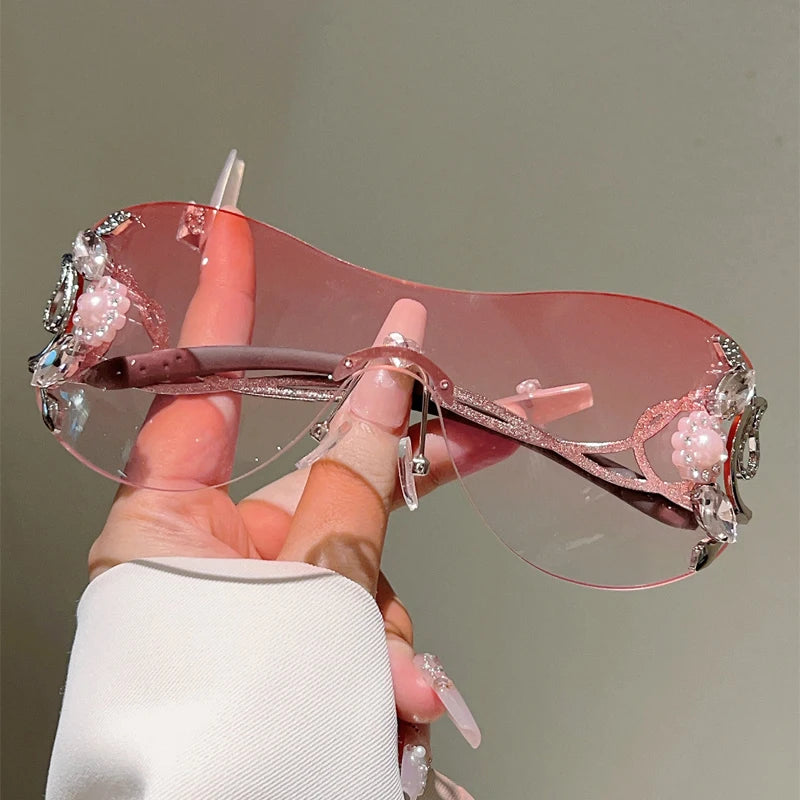 Rimless Sunglasses With Rhinestones Monoblock Gradient Lenses