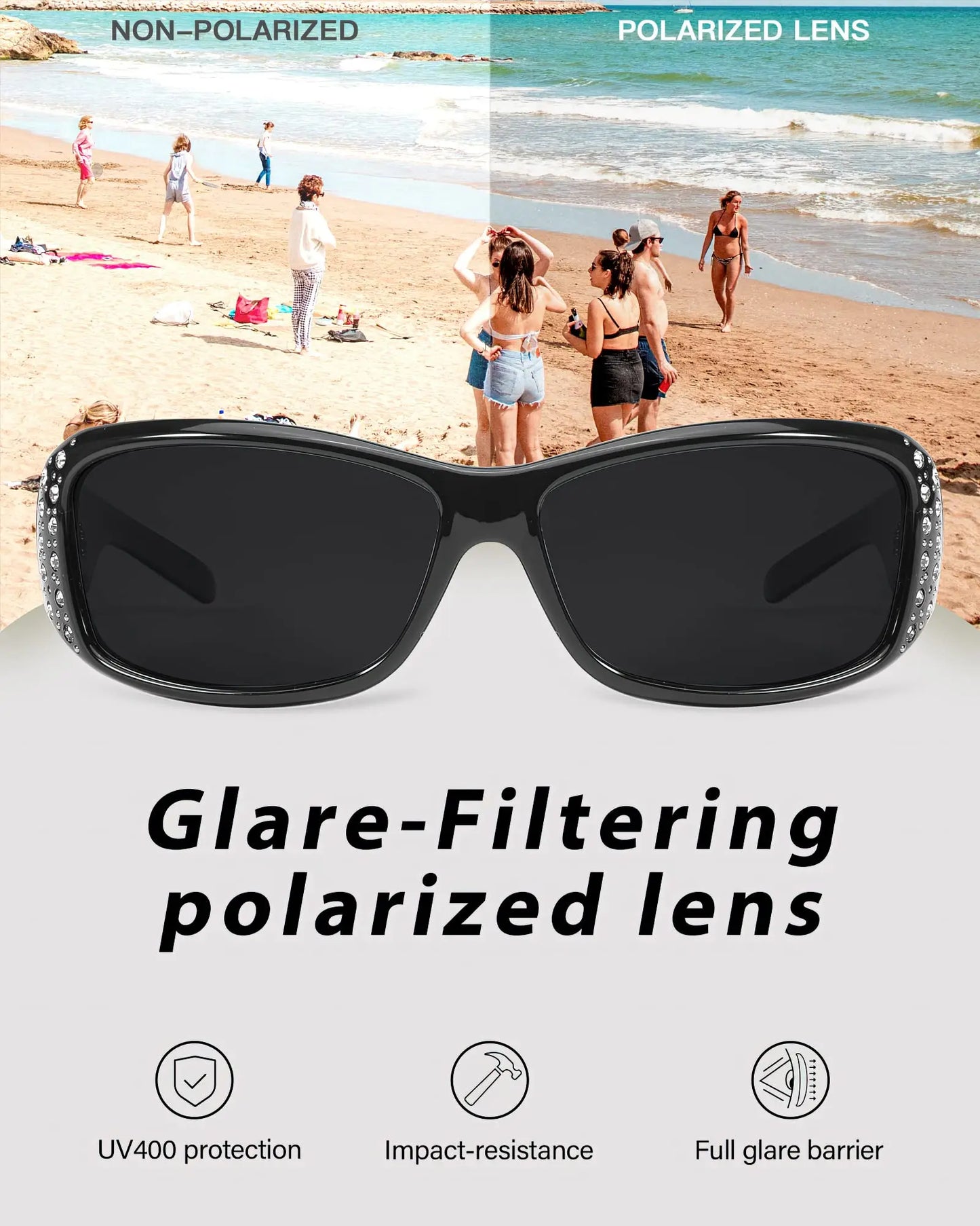 Polarized Rhinestone Wraparound Sunglasses UV400 Protection