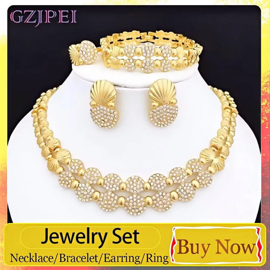 GZJPEI Fashion Jewelry Set Zircon Necklace Bracelet Ring Earrings