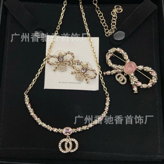 NONECN Twist Diamond Necklace Earrings Set Zircon Jewelry For Women