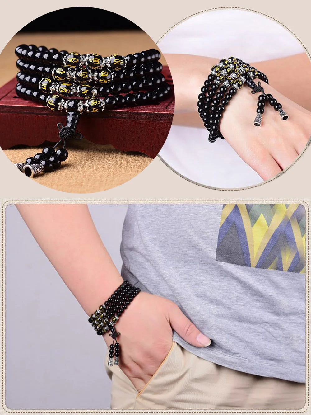 Obsidian Bracelet 108 Beads Om Mani Padme Hum Beaded Unisex
