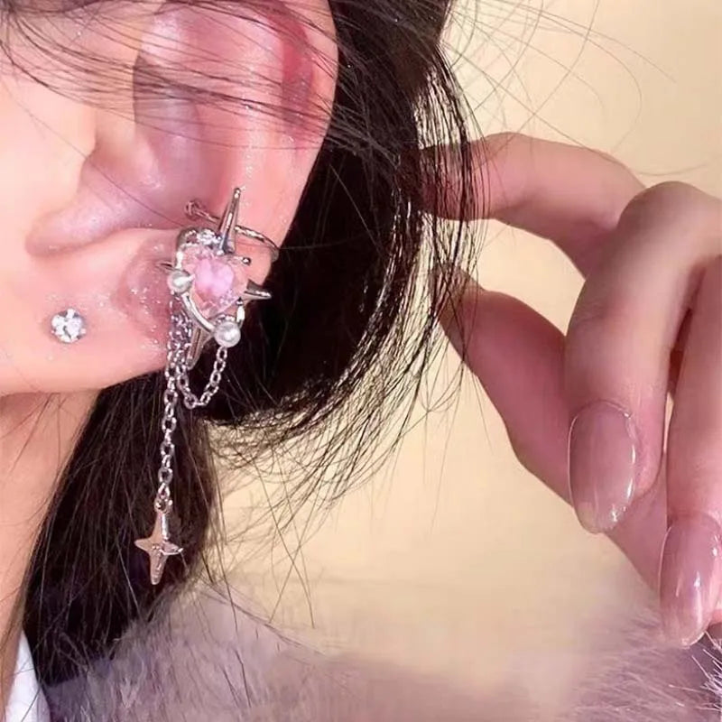 Earring Clip Crystal Heart Tassel Ear Cuff