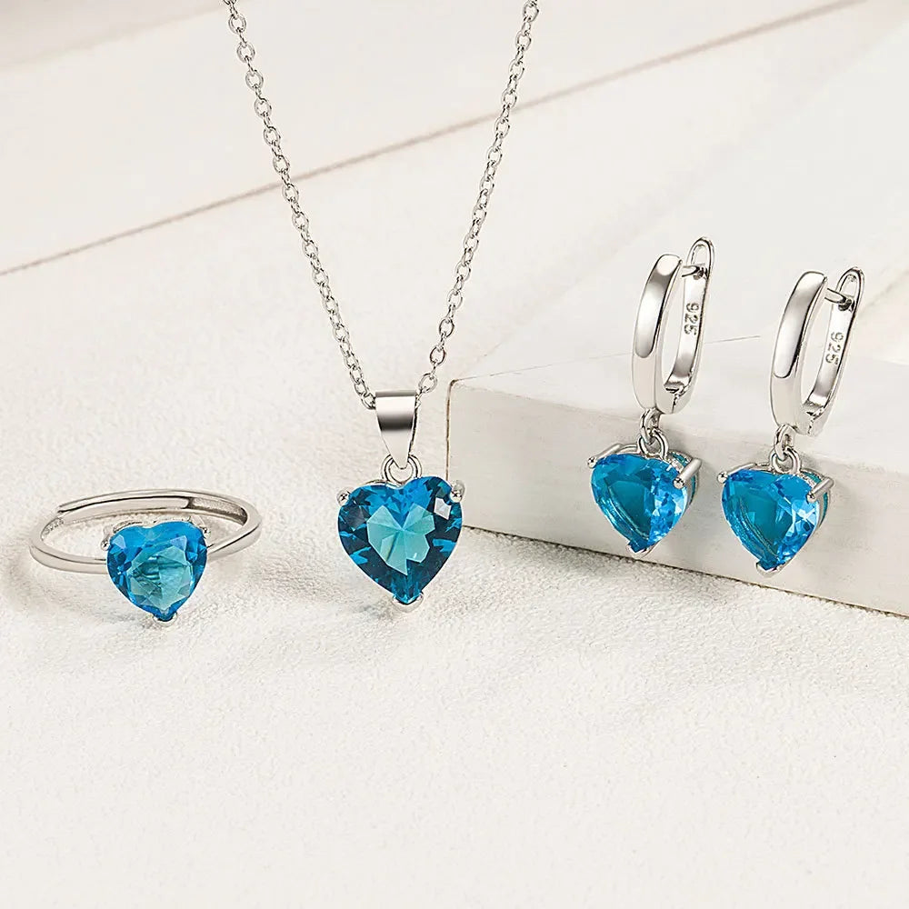 925 Sterling Silver Heart Zircon Jewelry Set For Women Necklace Earrings Ring