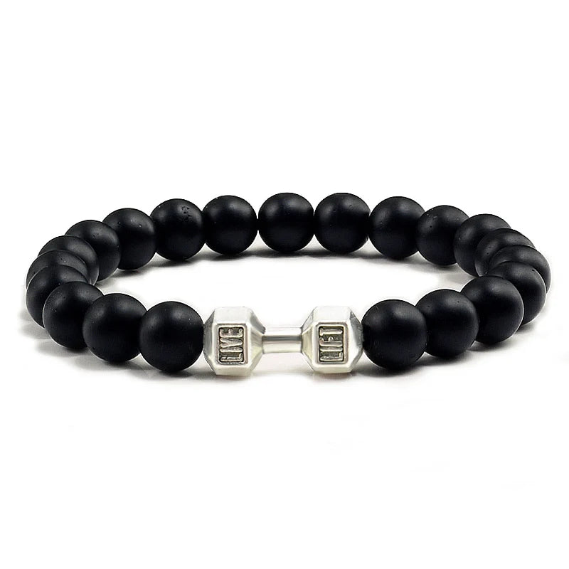 Bracelet Natural Volcanic Stone Matte Black Lave White Beads