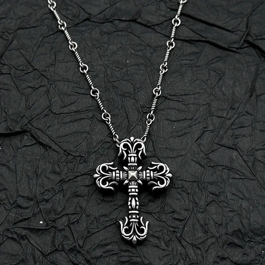 S925 Sterling Silver, Retro and Old Flame Cross Pendant Necklace, European and American Men's and Women's Niche Personalities