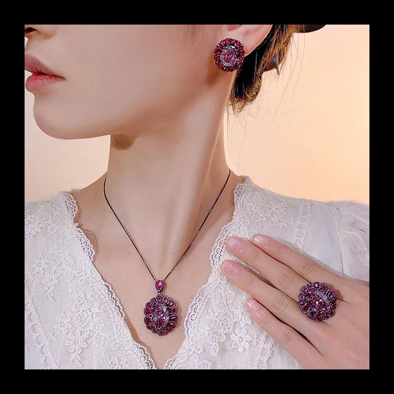 Earring Necklace Rose Jewelry Set in Metal Finish